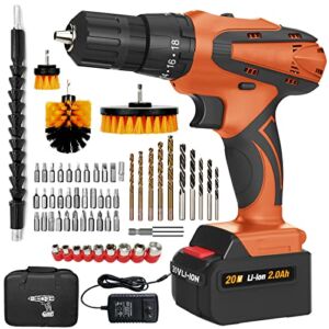 ENZOO 20V Cordless Drill, Electric Power Drill Set with Battery and Charger+57 pc. Impact Driver/Drill Bits, 3/8″ Keyless Chuck, 2 Variable Speed, 310 In-lb Torque, 18+3 Clutch