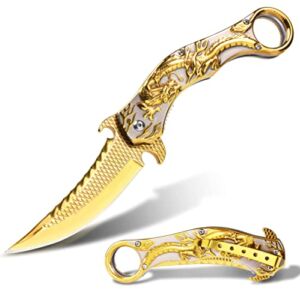 Pocket Knife for Men, Cool Folding Knife With 3D Golden Dragon Relief, Great Gift Edc Knife For Men Outdoor Survival Camping Hiking Hunting（Gold）