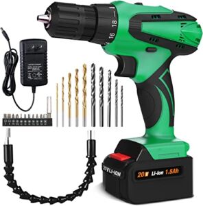ENZOO 20V Max Cordless Drill, Electric Power Drill Set with 1 Batteries & Charger, 3/8″ Keyless Chuck, 2 Variable Speed, 248 In-lb Torque, 18+1 Position and 23pcs Drill/Driver Bits (A-GREEN)