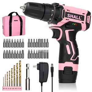 SHALL 43-Piece Pink Cordless Drill Set, 12V Electric Drill, 3/8″ Keyless Chuck, 2Ah Li-ion Battery, 8 HSS Drill Bits & 32 Screwdriver Bits Included, for Drilling Wood/Metal, Women DIY Projects