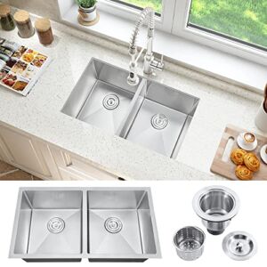 32 Inch Undermount Kitchen Sink, ATTOP 32”x18” Nano Coating Handmade Stainless Steel Kitchen Sink Large Double Bowls Basin With Strainer