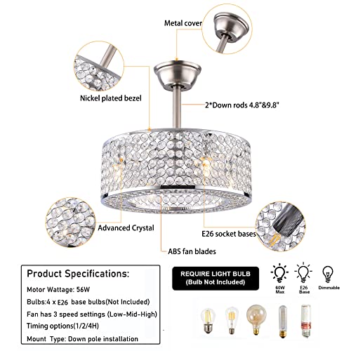 Crystal Caged Ceiling Fan with Lights Remote Control 18inch Low Profile Ceiling Fan Light 3 Speed Adjustable Enclosed Bladeless Ceiling Fan Chandelier for Bedroom Kitchen, Silver | The Storepaperoomates Retail Market - Fast Affordable Shopping