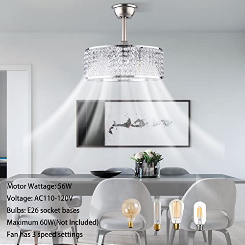 Crystal Caged Ceiling Fan with Lights Remote Control 18inch Low Profile Ceiling Fan Light 3 Speed Adjustable Enclosed Bladeless Ceiling Fan Chandelier for Bedroom Kitchen, Silver | The Storepaperoomates Retail Market - Fast Affordable Shopping
