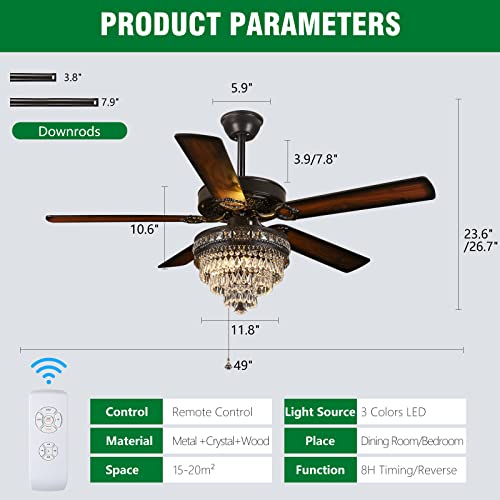 Crystal Ceiling Fan Fandelier with Lights，Modern Outdoor Ceiling Fans with Remote Control，Noiseless DC Motor and Reversible, Retro Ceiling Fans，Farmhouse Lighting，Dining Room， Living Room ( 52″） | The Storepaperoomates Retail Market - Fast Affordable Shopping