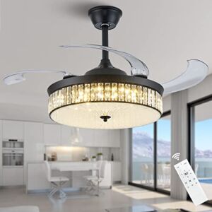 KAPOEFAN Retractable Ceiling Fan Chandelier Ceiling Fan Modern Crystal Ceiling Fans with Lights and Remote Fandelier Dimmable LED 4 Reverse Retractable Blades for Bedroom Living Dining Room 42″