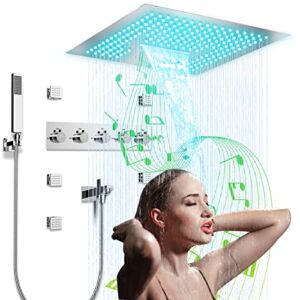 Thermostatic Shower System, 16” Overhead Shower System with Body Jets, LED Luxury Smart Rainfall Full Body Shower System with Rain Shower and Handheld, duchas para shower modernas