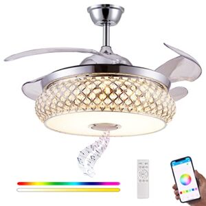 DFL 36″ Bluetooth Ceiling Fan with Light, Fandelier, Dimmable Modern Chandelier Invisible Ceiling Fan Light and Music Speaker RGB Color Changing Remote Controller for Dining Room/Bedroom