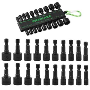 SWANLAKE 20PCS Power Nut Driver Set for Impact Drill, 1/4” Hex Head Drill Bit Set SAE and Metric