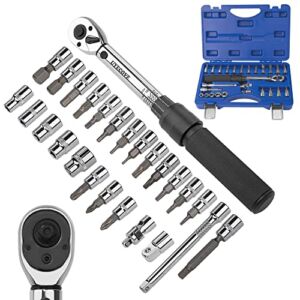 UYECOVE 1/4-Inch Drive Click Torque Wrench 26pcs Set, Dual-Direction Adjustable, 72-Tooth, 1/4″ Bike Torque Wrench with Kit, Extension Bar & Wheel Bolt Sockets (20-200in.lb/ 2.26-22.6Nm)