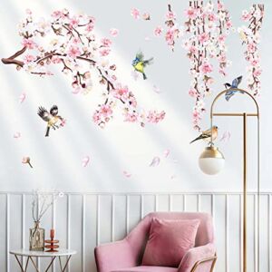 decalmile Cherry Blossom Branch Wall Stickers Pink Flower Birds Wall Decals Bedroom Living Room TV Wall Home Decor