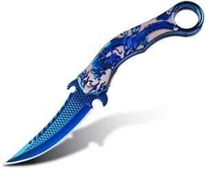 Pocket Knife for Men, Cool Folding Knife With 3D Blue Dragon Relief, Great Gift Edc Knife For Men Outdoor Survival Camping Hiking（Blue）
