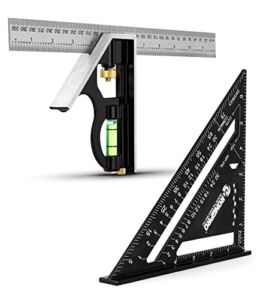 RONGPRO Rafter Square and Combination Square Tool Set, 7 Inch Triangle Carpenter Square Die-cast Aluminum Alloy and 12 Inch Zinc-Alloy Die-Casting Combo Square Ruler – Rafter Square Layout Tool