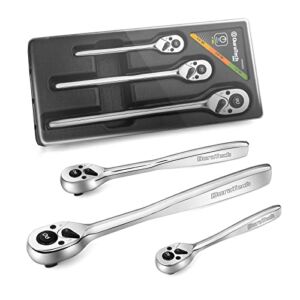 DURATECH 3-Piece Ratchet Set, 1/4″, 3/8″, 1/2″ Drive, Socket Wrench, 90-Tooth, Quick-release, Contour Handle Designed for Better Grip, Organized in Plastic Tray, Alloy Steel