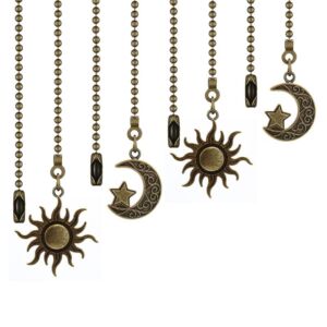 Ceiling Fan Pull Chain Set, 4PCS Moon and Sun Pattern Pull Chain Extension Fan Pull Chain Pendant 12 Inch Ceiling Fan Chain Extender with Ball Fan Chains Connector (Bronze)