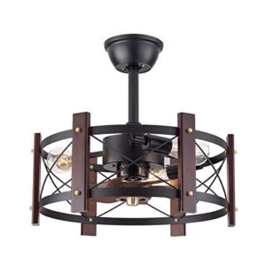 TFCFL Caged Ceiling Fans with Lights Remote Control, 18 Inch Industrial Wood Chandelier Fan Lamp Farmhouse Enclosed Bladeless Ceiling Fan Lighting Fixture for Bedroom Kitchen Island Farmhouse E26 X 4