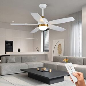 KAPOEFAN White Ceiling Fan with Lights Remote Control, Modern LED Ceiling Fan with 3 Color Light, 6 Speeds and 4 Timer, 52 inch ceiling fan for Bedroom, Living Room, Patio (White Gold)