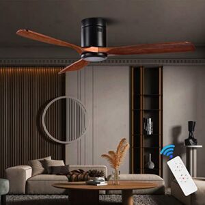 52″ Noiseless Wood Ceiling Fan with Remote, 6 Speeds Low Profile Ceiling fan without Light, Moisture-proof Wood Flush Mount Ceiling Fan for Outdoor, Farmhouse, Bedroom, Living Room, FX 3180C,Black