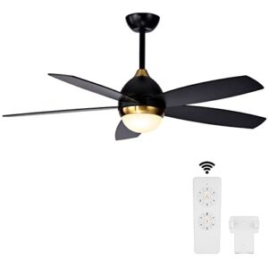 KAPOEFAN Black Ceiling Fan with Light Remote Control, 52 Inch Ceiling Fan with Lights, 3 Colors, 6 Wind Speeds and Timer Function, Modern ceiling fan for Bedroom, Living Room (Black Gold)