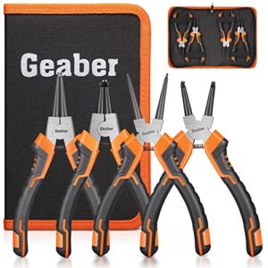 Geaber Snap Ring Pliers Set, Heavy Duty 4-piece 7-Inch Internal External Circlip Pliers, Straight Bent C-clip Pliers Lock Ring Pliers Set, 5/64″ Tip, for Ring Remover Retaining, with Portable Pouch