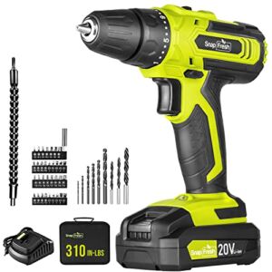 Cordless Drill, SnapFresh 20V Power Drill/Driver Set w/ 3/8” Keyless Chuck, 310 in-lbs Torque, 21+1 Torque Setting, 2 Variable Speed, 43pcs Drill Bits, Battery & Charger, Electric Drill for Home DIY