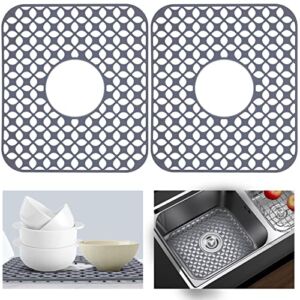 JUSTOGO Silicone Sink Protector, Center Drain Kitchen Sink Mats Grid Accessory, 2 PCS Folding Non-slip Sink Mats for Bottom of Farmhouse Stainless Steel Porcelain Sink ((Light Grey, 13.58″x 11.6″)