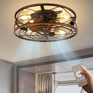 Caged Ceiling Fan with Light, 17.7 Inch Ceiling Fan with Lights Remote Control and Reversible Motor, Including Bulbs, Farmhouse Bladeless Ceiling Fan with Light for Kitchen, Bedroom, Dining Room…