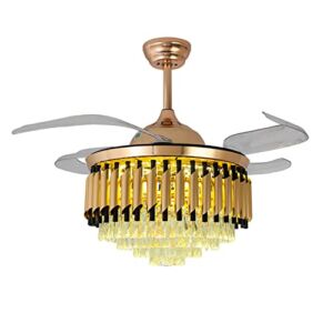 42″ Invisible Ceiling Fan with Light and Remote Control,with 4 Retractable ABS Blades 3 Color Light 6 Speed and 4 Timing,Modern Crystal Ceiling Fan Light for Bedroom Living Dining Room Decoration