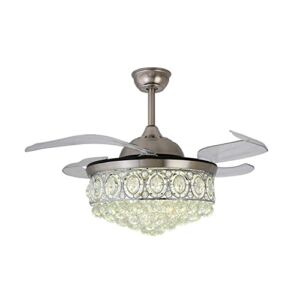 Crystal Ceiling Fan with Light, Retractable Chandelier Fan with Remote Control, 3 Light Change LED 6 Speeds and 4 Gear Timing Silent Fan Chandelier,for Bedroom Restaurant,Silver