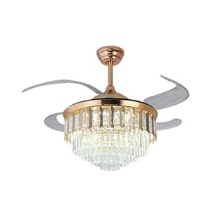 Modern Invisible Ceiling Fan with Light,Retractable Crystal Ceiling Fan, 3 Light Change LED 6 Speeds Set and 4 Gear Timing Silent Fan Chandelier with Remote Control, for Bedroom Restaurant,Gold