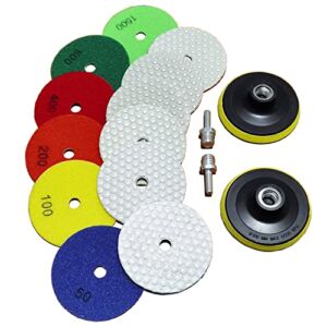 16 Packs 4 Inch Dry Diamond Polishing Pads for Granite Marble Quartz Stones Concrete Tiles Set of 12+2 Backer Pad and 2 Adapters for Grinder Polisher Drill