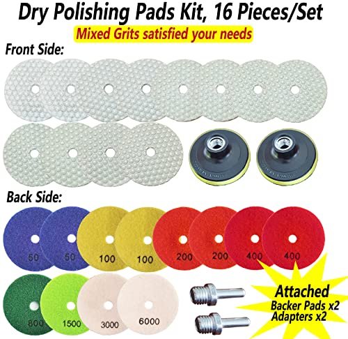 16 Packs 4 Inch Dry Diamond Polishing Pads for Granite Marble Quartz Stones Concrete Tiles Set of 12+2 Backer Pad and 2 Adapters for Grinder Polisher Drill | The Storepaperoomates Retail Market - Fast Affordable Shopping