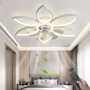 28″ Modern Ceiling Fans with Lights, Flush Mount 3 Colors 6 Speeds Dimmable LED Reversible Blades Timing with Remote Control, Low Profile Bladeless Ceiling lighting Fixture for Kids Living Room 72w