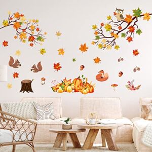 Thanksgiving Fall Maple Leaves Wall Sticker Autumn Harvest Pumpkins Wall Decal Cute Animals Decor Stickers Farmhouse Wallpaper Decor for Home Window Sticker for Living Room Bedroom