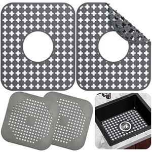 2PCS Kitchen Sink Mats Protectors and Shower Drain Strainer Hair Catcher, Non-slip Silicone Dish Drying Sink Grate Mat for Bottom of Kitchen Stainless Steel Sink from Stains, Damage, Scratches, Gray