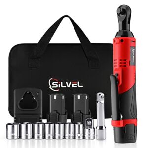 SILVEL 3/8″ Cordeless Electric Ratchet Wrench Set, 12V 46 Ft-lbs Cordless Ratchet Kit, with 400 RPM Speed, Variable Speed, 2 Pcs 2.0Ah Lithium-Ion Batteries, 7 Sockets and 1/4″ Adapter