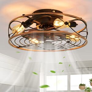 CASENKE Rustic Ceiling Fan with Light, 20 Inch Caged Ceiling Fan with 6 Gear Wind Speed (Reversible), Replaceable 4* E26 Light Bulbs