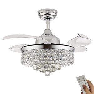 36″ Crystal Ceiling Fan With Lights, Fandelier, Retractable Invisible Modern Ceiling Fan Chandelier With Remote Control For Bedroom Living Room Polished Modern Chrome Silver 6 Speed 3 Colors