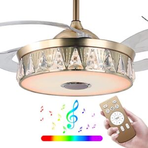 Modern Gold LED Ceiling Fan Light with Bluetooth Speaker, Bladeless Ceiling Fan with Remote Control, RGB Light Color Change Reversible Fan 42 Inch for Home Decor