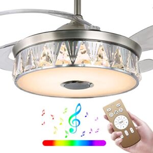 Modern Silver LED Ceiling Fan Light with Bluetooth Speaker, Bladeless Ceiling Fan with Remote Control, RGB Light Color Change Reversible Fan 42 Inch for Home Decor