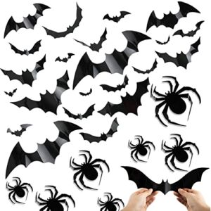 Halloween 3D Bats Wall Decor, 60 Bat Stickers+ 24 Spider, Bat Halloween Decorations, Black PVC Bats Wall Sticker 12 Sizes Halloween Scary Bats+ 3 Sizes Spider for Home Window, Party, Room Decor