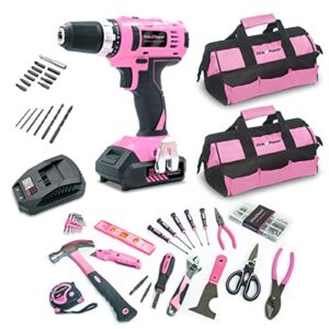 Pink Power Pink Drill Set for Women – Home Tool Kit for Women w/ 20V Cordless Drill Driver Electric Drill, Power Drill Set with Tool Bag, Drill Bit Set, Battery & Charger, and 189-Piece Pink Tool Set