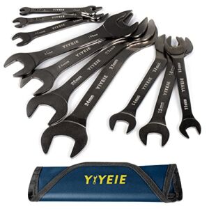 YIYEIE Super-Thin Open End Wrench Set, 10-Piece Metric, 5.5, 7, 8, 9, 10, 11, 12, 13, 14, 15, 16, 17, 18, 19, 20, 21, 22, 23, 24, 27 mm, Nickel Coating, CR-V Steel, Slim Wrench with Rolling Pouch
