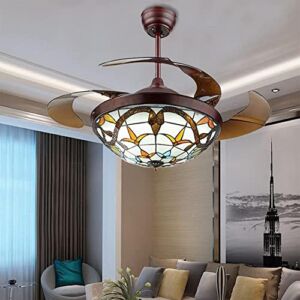 YOYWE 42 inch Tiffany Style Ceiling Fan with Light Retractable Amber Blade Ceiling Fan with remote Retro Fandelier 3 Color 3 Speed for Farmhouse Living Room, Brown