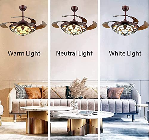 YOYWE 42 inch Tiffany Style Ceiling Fan with Light Retractable Amber Blade Ceiling Fan with remote Retro Fandelier 3 Color 3 Speed for Farmhouse Living Room, Brown | The Storepaperoomates Retail Market - Fast Affordable Shopping