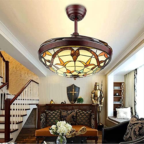 YOYWE 42 inch Tiffany Style Ceiling Fan with Light Retractable Amber Blade Ceiling Fan with remote Retro Fandelier 3 Color 3 Speed for Farmhouse Living Room, Brown | The Storepaperoomates Retail Market - Fast Affordable Shopping