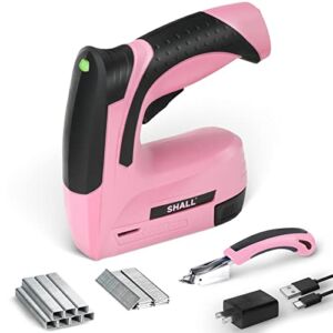 SHALL Pink Electric Staple Gun, 2 in 1 Cordless Upholstery Stapler Nail Gun for Wood, 4V Rechargeable Brad Nailer Kit w/ 2500 Staples Nails, Staple Remover & Fast Charger for Crafts, DIY, Decoration