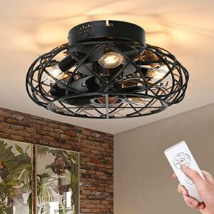 Caged Ceiling Fan Light – Reversible LMiSQ 17inch Black Bladeless Ceiling Fans Indoor Flush Mount Ceiling Fan Lights for Bedroom Low Profile Ceiling Fan Light with Remote Control Smart 3 Speed