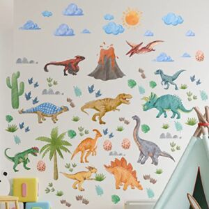 Suplanet Watercolor Dinosaur Nursery Wall Decals,77 pcs Dino Wall Stickers,Large Cactus Palm Leaf Decor for Boy Girl Kids Baby Bedroom Living Room Playroom Classroom,Birthday Art Gift
