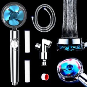 Hydro Jet High Pressure Shower Head with Hose and Filter, Fiji Fan Vortex Turbo Drive Shower Head, Propeller Driven Shower Head with Filter, HydroJet Handheld Shower Head for Water Saving Blue