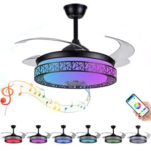 PINFM 42in Ceiling Fan with Lights, 72W Retractable Ceiling Fan with Colored Lights, 6-speeds Ceiling Fan with Lights and Bluetooth Speaker, Timming(1/2/4h) Ceiling Fans with Lights and Remote